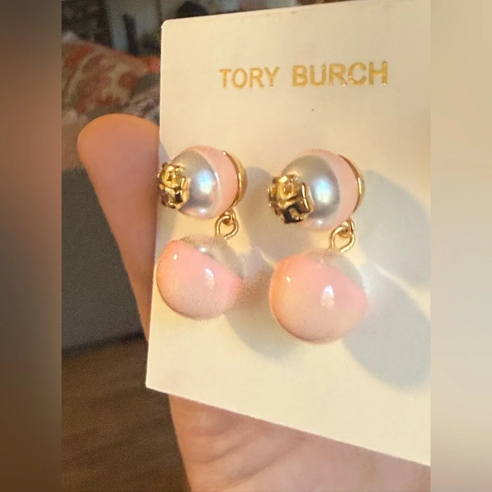 Tory Burch Soft Pink and Gold Double Sphere Earrings - Picture 3 of 6